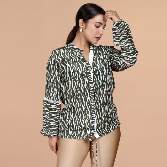 STYLOOO Green & White Wavy Print Drawstring Top - Women's Long Sleeve Mandarin Collar Top