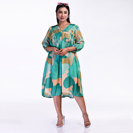 STYLOOO Abstract Print V-Neck Midi Dress - Stylish & Comfortable Everyday Frock