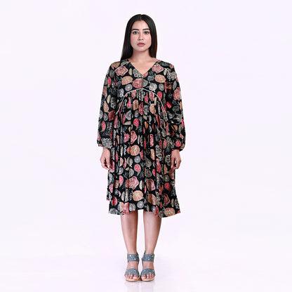 STYLOOO Black & Multi-Color Abstract Print Cotton Midi Dress - Bohemian V-Neck Frock