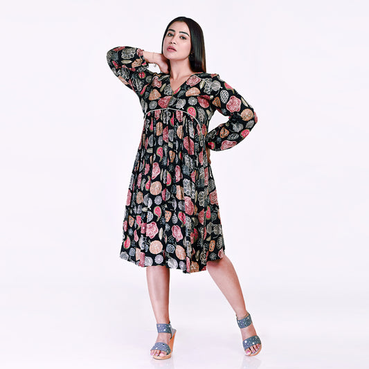 STYLOOO Black & Multi-Color Abstract Print Cotton Midi Dress - Bohemian V-Neck Frock