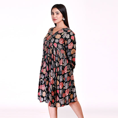 STYLOOO Black & Multi-Color Abstract Print Cotton Midi Dress - Bohemian V-Neck Frock