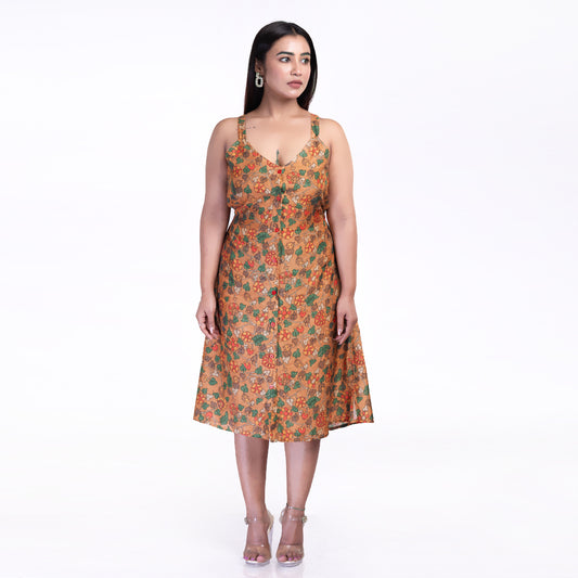 Floral Printed Sleeveless Midi Dress for Women – Casual Summer A-Line Button-Down Dress