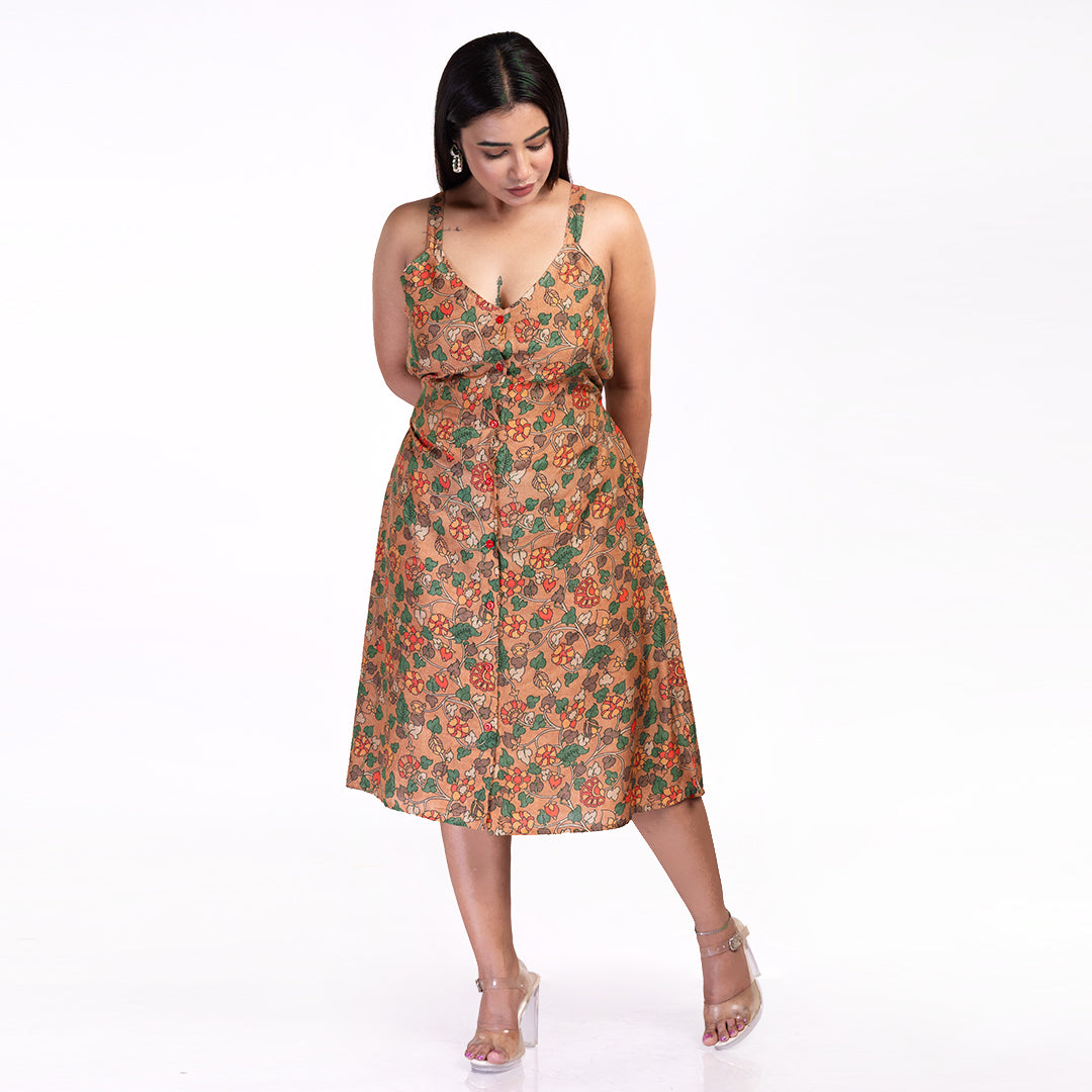 Floral Printed Sleeveless Midi Dress for Women – Casual Summer A-Line Button-Down Dress