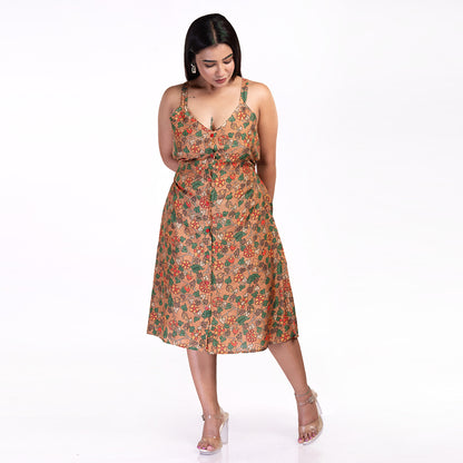Floral Printed Sleeveless Midi Dress for Women – Casual Summer A-Line Button-Down Dress