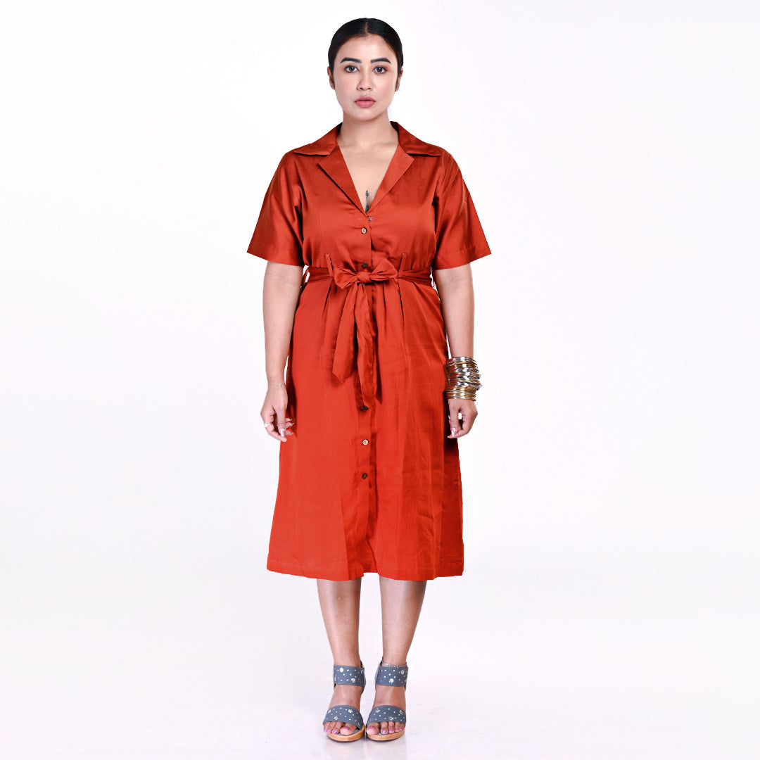 STYLOOO Women's Rust Brown Terracotta Daydream  Collared Midi Shirt Dress - Elegant Full Sleeve Button-Down Frock
