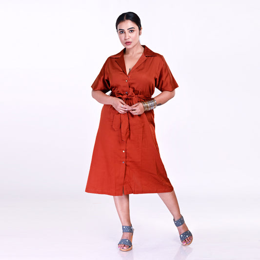 STYLOOO Women's Rust Brown Terracotta Daydream  Collared Midi Shirt Dress - Elegant Full Sleeve Button-Down Frock