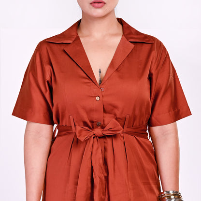 STYLOOO Women's Rust Brown Terracotta Daydream  Collared Midi Shirt Dress - Elegant Full Sleeve Button-Down Frock