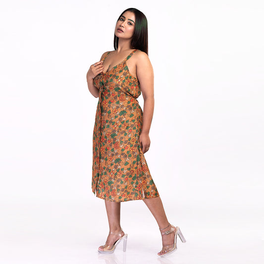Floral Printed Sleeveless Midi Dress for Women – Casual Summer A-Line Button-Down Dress