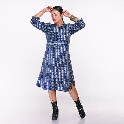 STYLOOO Ikat Inspired Blue Wave Print Dress - Contemporary Indian Pattern Midi