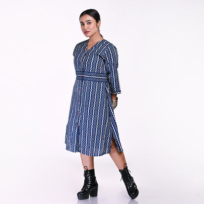 STYLOOO Ikat Inspired Blue Wave Print Dress - Contemporary Indian Pattern Midi