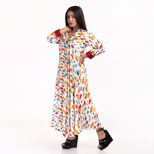 Multicolor Brushstroke Print Flared Maxi Dress for Women – V-Neck Collar Dress with 3/4th Sleeves