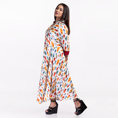 Multicolor Brushstroke Print Flared Maxi Dress for Women – V-Neck Collar Dress with 3/4th Sleeves