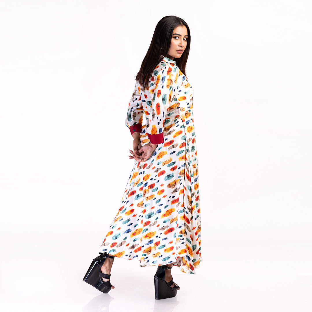 Multicolor Brushstroke Print Flared Maxi Dress for Women – V-Neck Collar Dress with 3/4th Sleeves