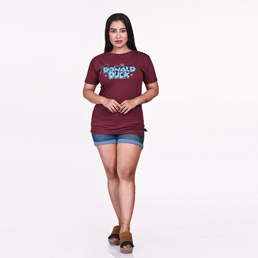 STYLOOO Women's Maroon Donald Duck Graphic T-Shirt - Casual Disney Tee