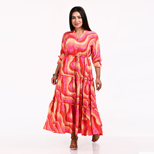 STYLOOO Trendy Pink Orange Maxi Dress - Abstract Print Tiered Summer Dress