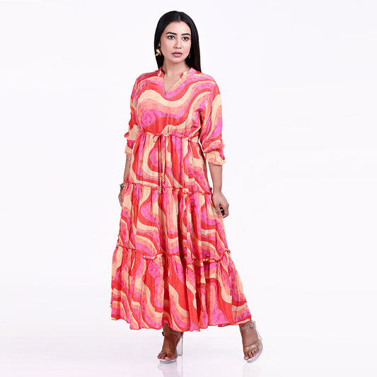 STYLOOO Trendy Pink Orange Maxi Dress - Abstract Print Tiered Summer Dress