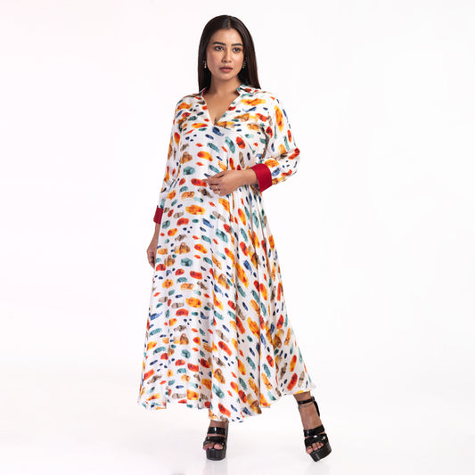 Multicolor Brushstroke Print Flared Maxi Dress for Women – V-Neck Collar Dress with 3/4th Sleeves
