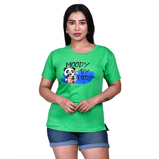 STYLOOO Women's Green Panda "Moody By Foody" Graphic T-Shirt - Funny Cartoon Tee
