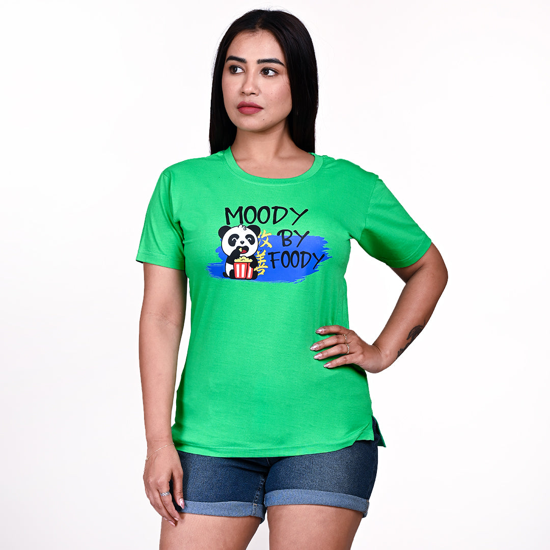 STYLOOO Women's Green Panda "Moody By Foody" Graphic T-Shirt - Funny Cartoon Tee