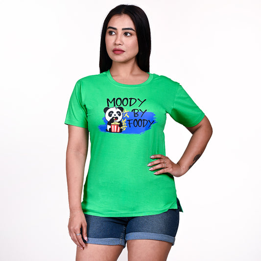 STYLOOO Women's Green Panda "Moody By Foody" Graphic T-Shirt - Funny Cartoon Tee
