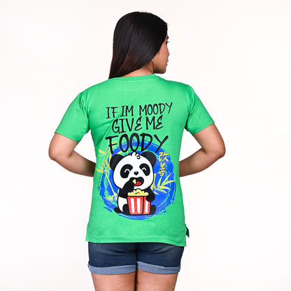 STYLOOO Women's Green Panda "Moody By Foody" Graphic T-Shirt - Funny Cartoon Tee