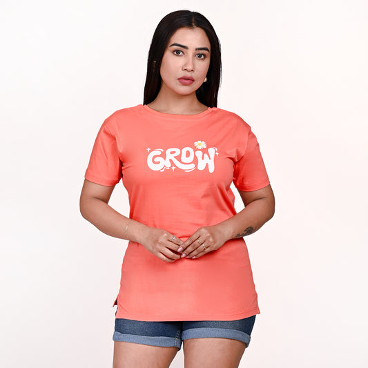 STYLOOO Women's Peach "GROW" Graphic T-Shirt - Inspirational Floral Tee