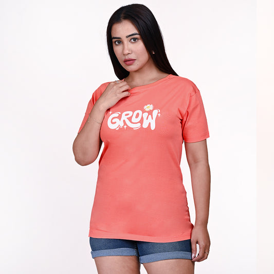 STYLOOO Women's Peach "GROW" Graphic T-Shirt - Inspirational Floral Tee