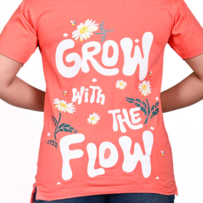 STYLOOO Women's Peach "GROW" Graphic T-Shirt - Inspirational Floral Tee