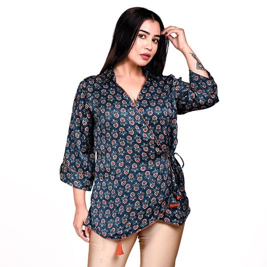STYLOOO Navy Ethnic Print Wrap Top - Women's Tie-Side Tassel Top
