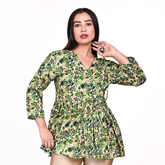 STYLOOO Green Botanical Print Short Kurti - Women's Casual Wrap Top with Adjustable Waist