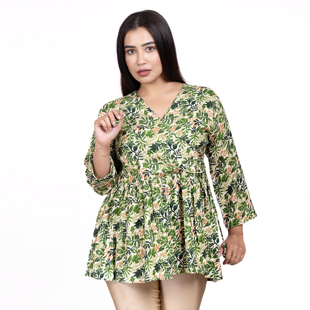 STYLOOO Green Botanical Print Short Kurti - Women's Casual Wrap Top with Adjustable Waist