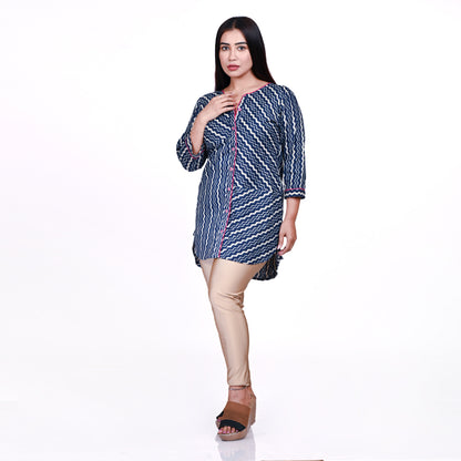 STYLOOO Blue & White Wave Print Short Kurti - Women's Contemporary Tunic Top