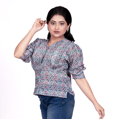 STYLOOO Women's Printed Short Top - Blue Green Peach V-Neck Top