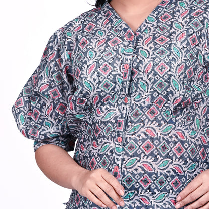 STYLOOO Women's Printed Short Top - Blue Green Peach V-Neck Top