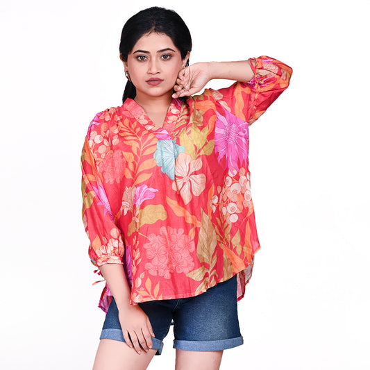 STYLOOO Pink & Orange Print Oversized Top - Women's Dolman Sleeve Tunic