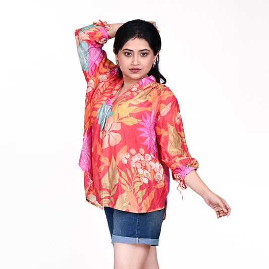 STYLOOO Pink & Orange Print Oversized Top - Women's Dolman Sleeve Tunic
