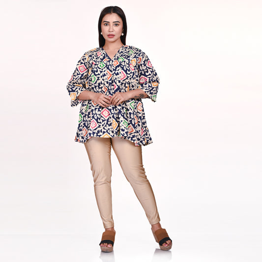 STYLOOO Women's Navy Printed Tunic - Multicolor V-Neck 3/4 Sleeve Top