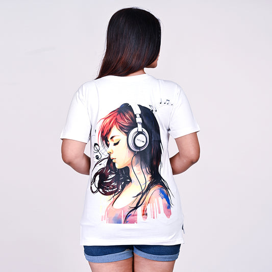 STYLOOO Women's White Headphone Graphic T-Shirt - Music Lover's Casual Tee