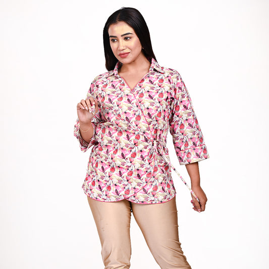 STYLOOO Women's Floral Wrap Top - Pink Printed Collared Top with Tie