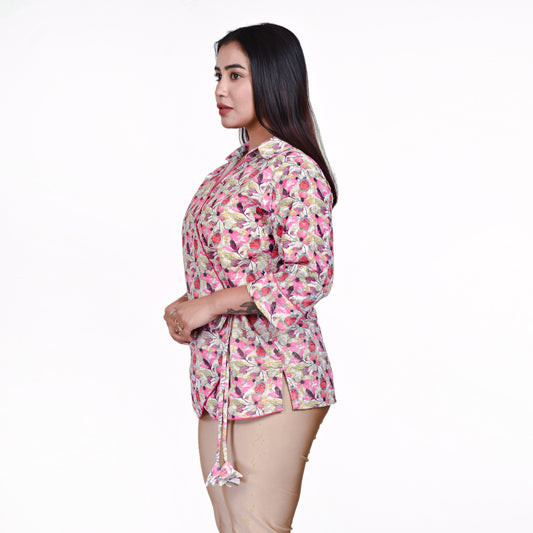 STYLOOO Women's Floral Wrap Top - Pink Printed Collared Top with Tie