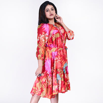 Women's Floral Printed Asymmetric Hem Dress – Vibrant Red Boho Style | Casual Summer Midi Dress