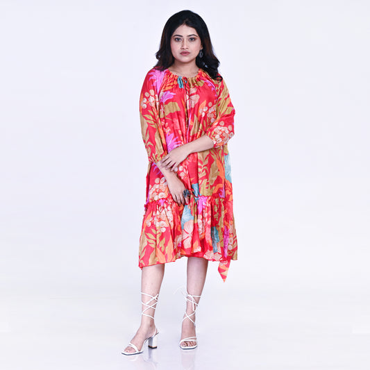 Women's Floral Printed Asymmetric Hem Dress – Vibrant Red Boho Style | Casual Summer Midi Dress