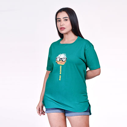 STYLOOO Women's Teal Green Donald Duck "Mad Genius" Graphic T-Shirt - Oversized Casual Tee