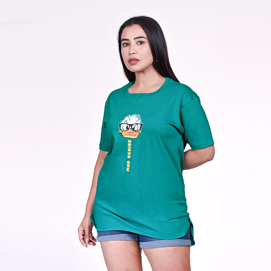 STYLOOO Women's Teal Green Donald Duck "Mad Genius" Graphic T-Shirt - Oversized Casual Tee