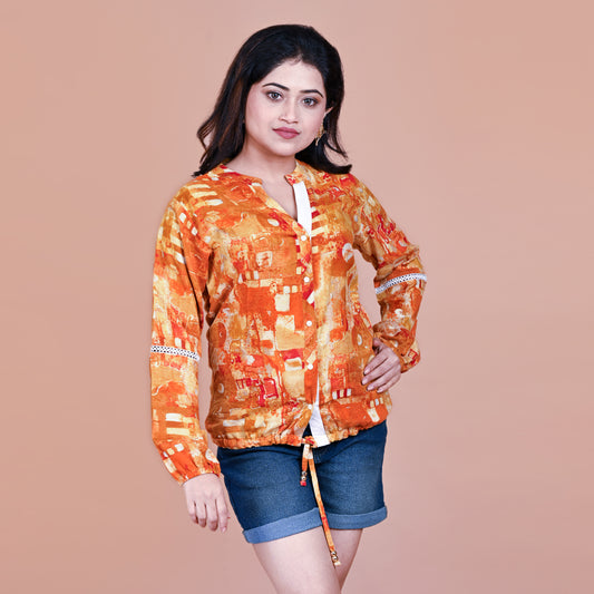 STYLOOO Orange Abstract Print Drawstring Top - Women's Long Sleeve Button-Down Top