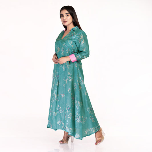 Women's Elegant Green Floral Maxi Dress with Collar – Stylish Long A-Line Dress with Pink Cuffs | Ethnic Fusion Wear